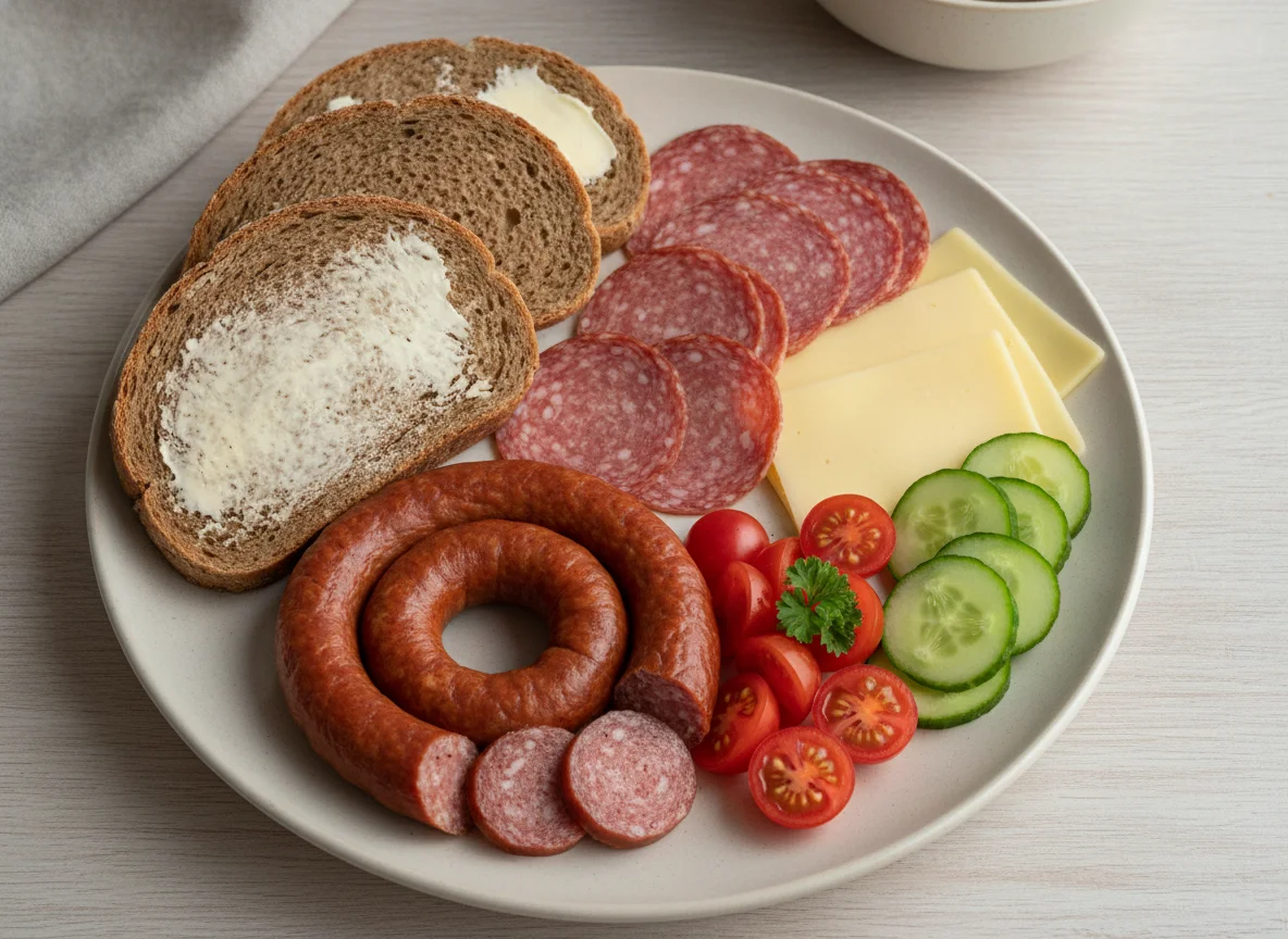Mittagsbox mit Brot, Wurst, Käse und Gemüse photo