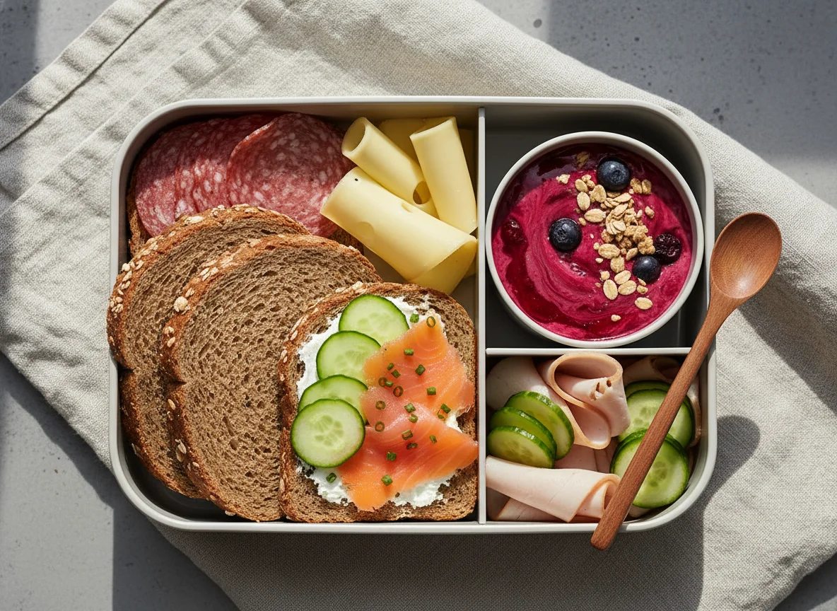 Mittagsbox mit Broten und Joghurt photo