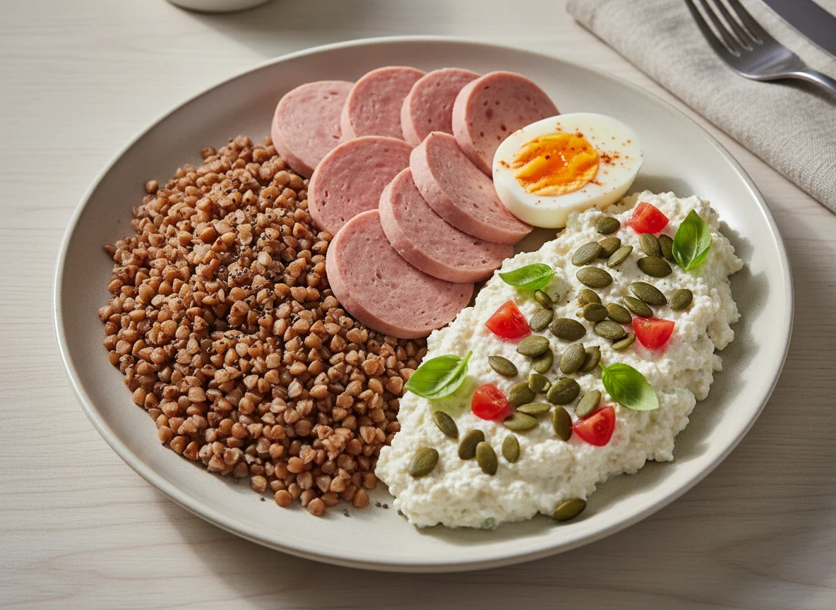 Mittagsbox mit Buchweizen, Wurst, Ei und Quarksalat photo