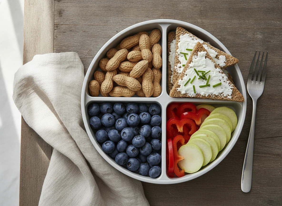 Mittagsbox mit Erdnüssen, Knäckebrot-Sandwich, Blaubeeren und Gemüse photo