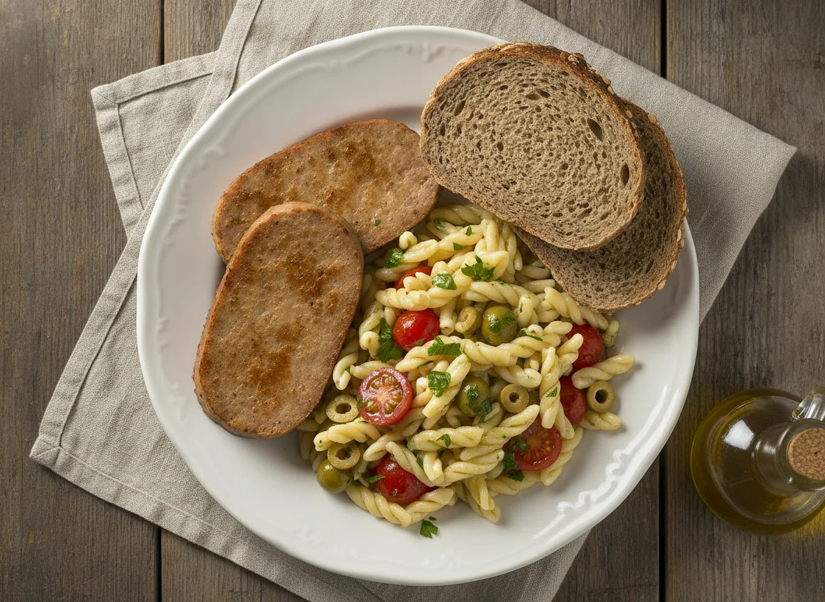 Mittagsessen mit Leberkäse und Nudelsalat photo