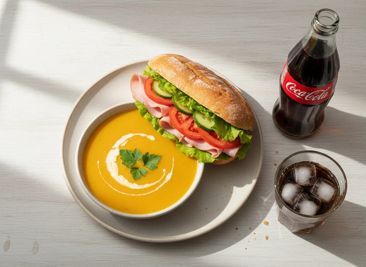 Mittagsessen mit Suppe, Schinkenbrötchen und Cola photo