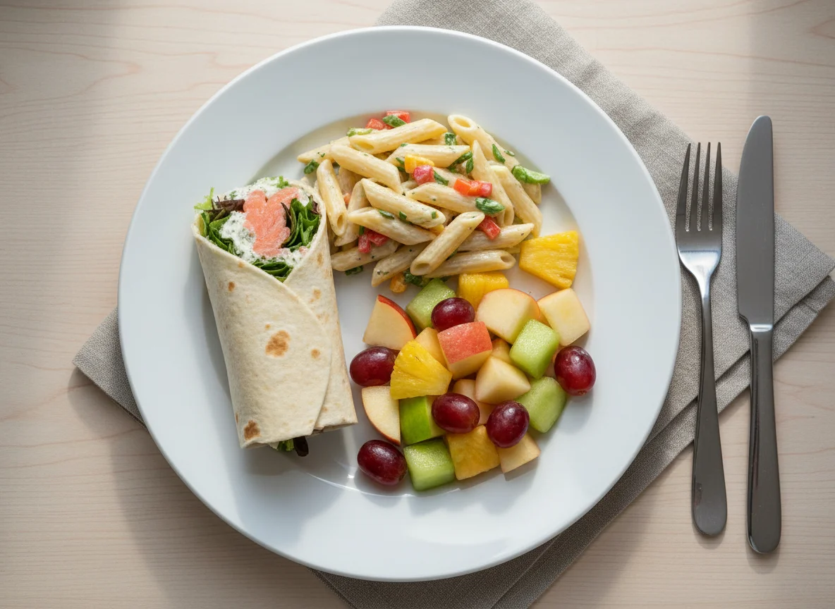 Mittagsessen mit Wrap, Nudelsalat und Obstsalat photo