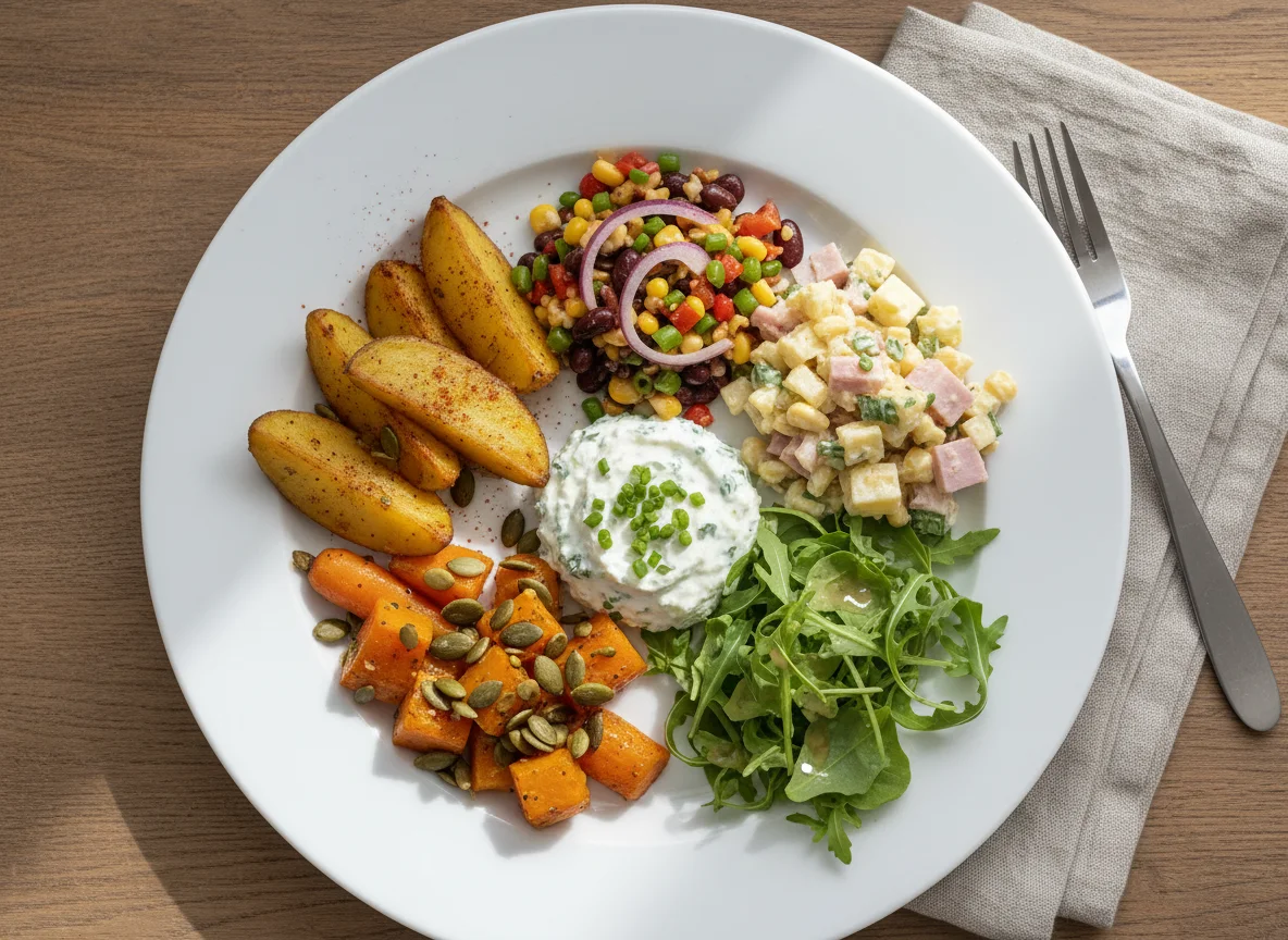 Mittagsgericht mit Kartoffeln, Gemüse und Salat photo