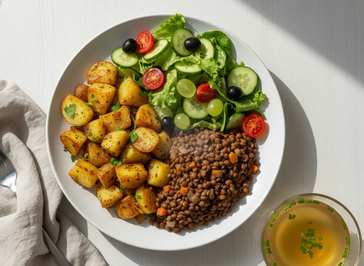 Mittagsgericht mit Linsen, Kartoffeln und Salat photo