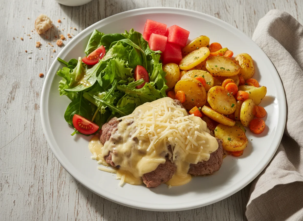 Mittagsgericht mit Rindfleisch und Beilagen photo