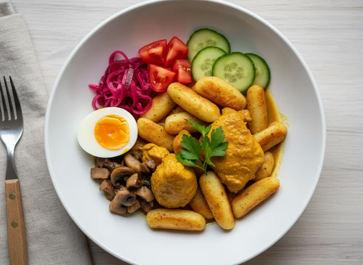 Mittagsgericht mit Schupfnudeln und Curryhuhn photo