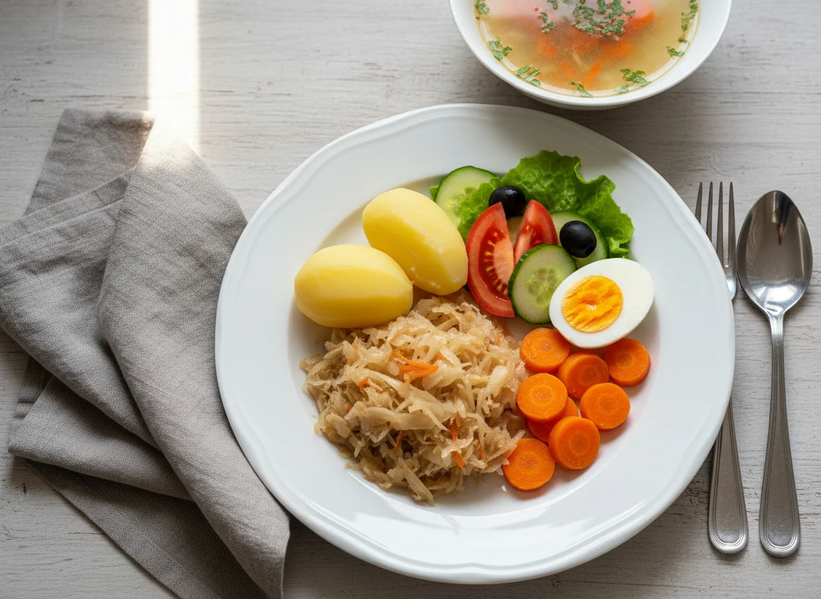 Mittagsgericht mit Suppe und Beilagen photo