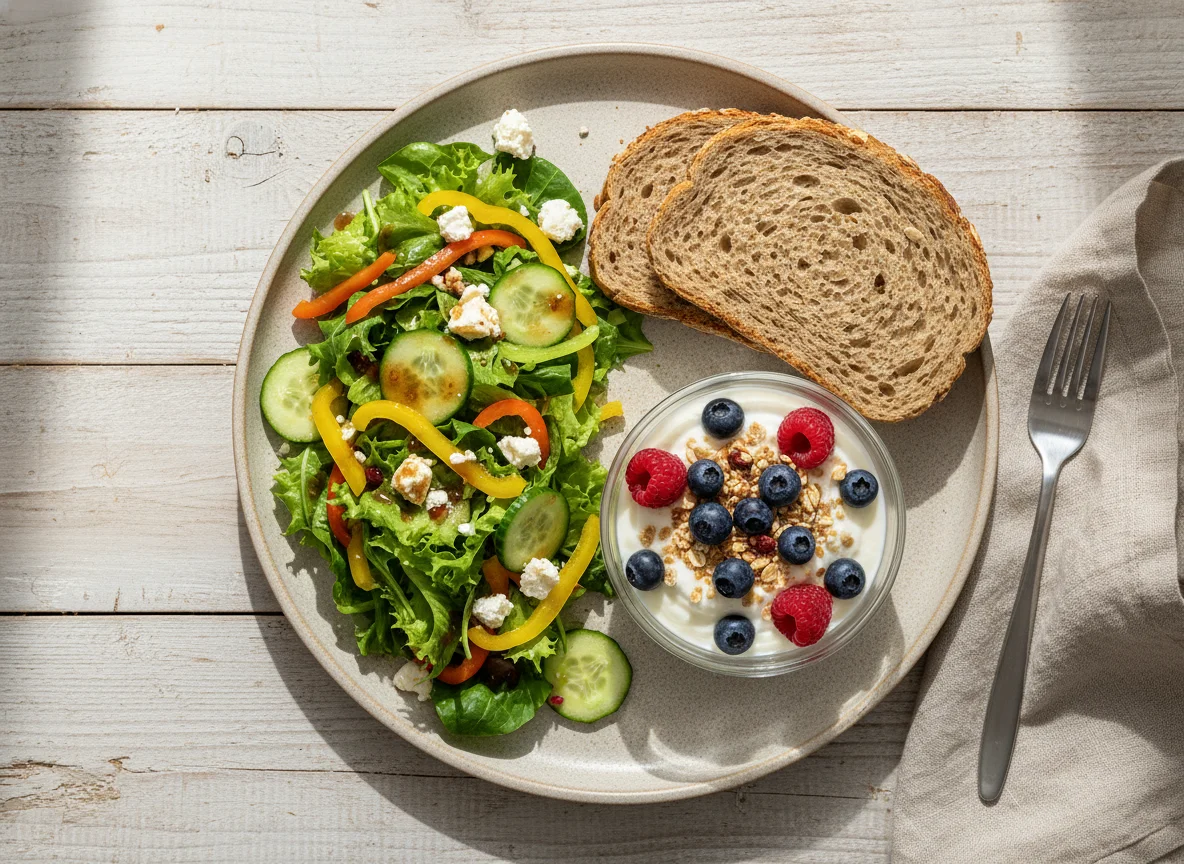 Mittagsmahlzeit mit Salat, Brot und Joghurt photo