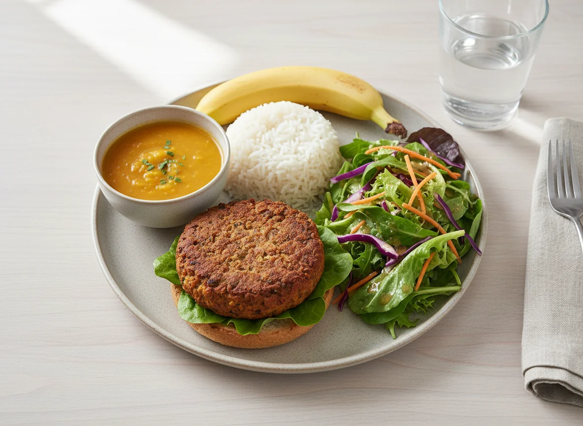 Mittagsmahlzeit mit vegetarischem Burger, Reis, Salat, Suppe und Banane photo