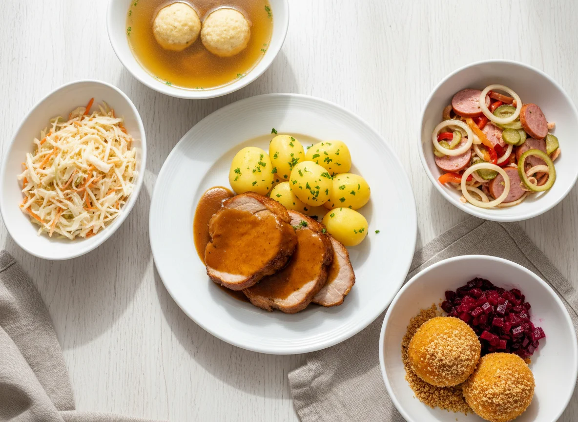Mittagsmenü mit Fleisch, Kartoffeln, Salat und Suppe photo