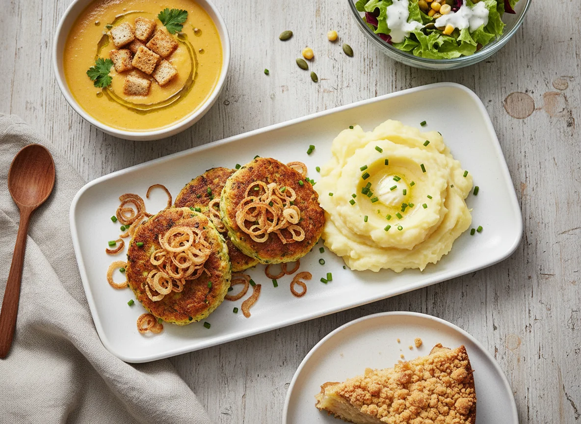 Mittagsmenü mit Gemüselaibchen, Kartoffelpüree, Suppe, Salat und Kuchen photo
