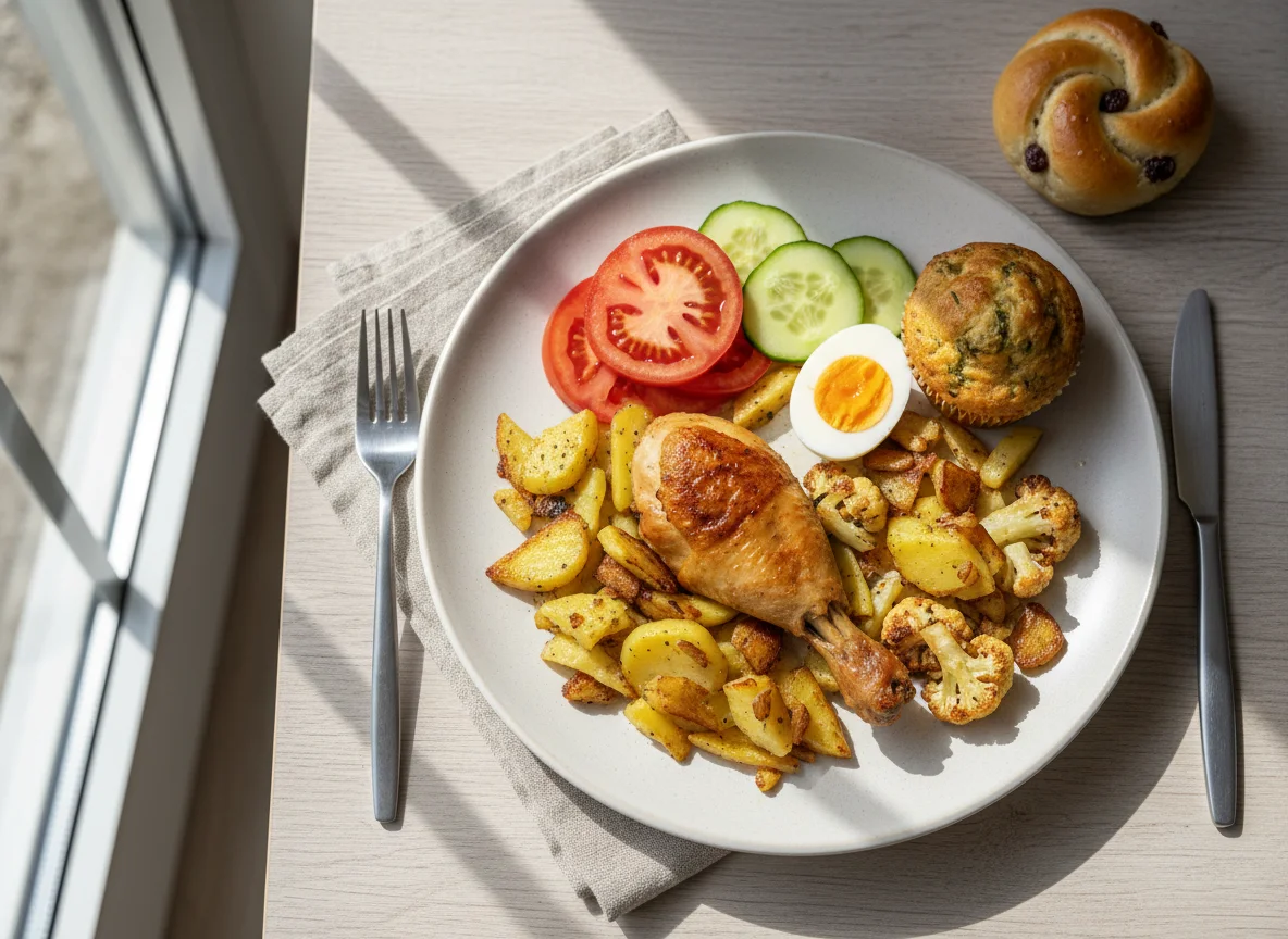 Mittagsmenü mit Hähnchen, Kartoffeln und Gemüse photo