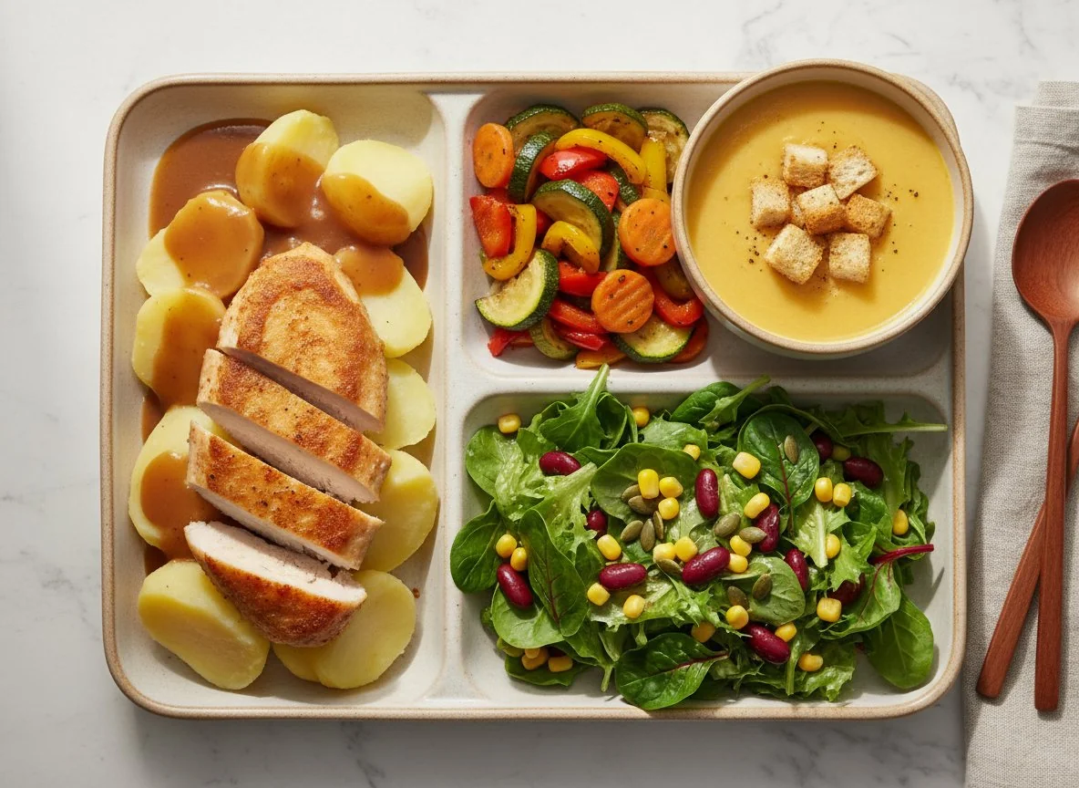 Mittagsmenü mit Hühnchen, Gemüse, Kartoffeln, Salat und Suppe photo