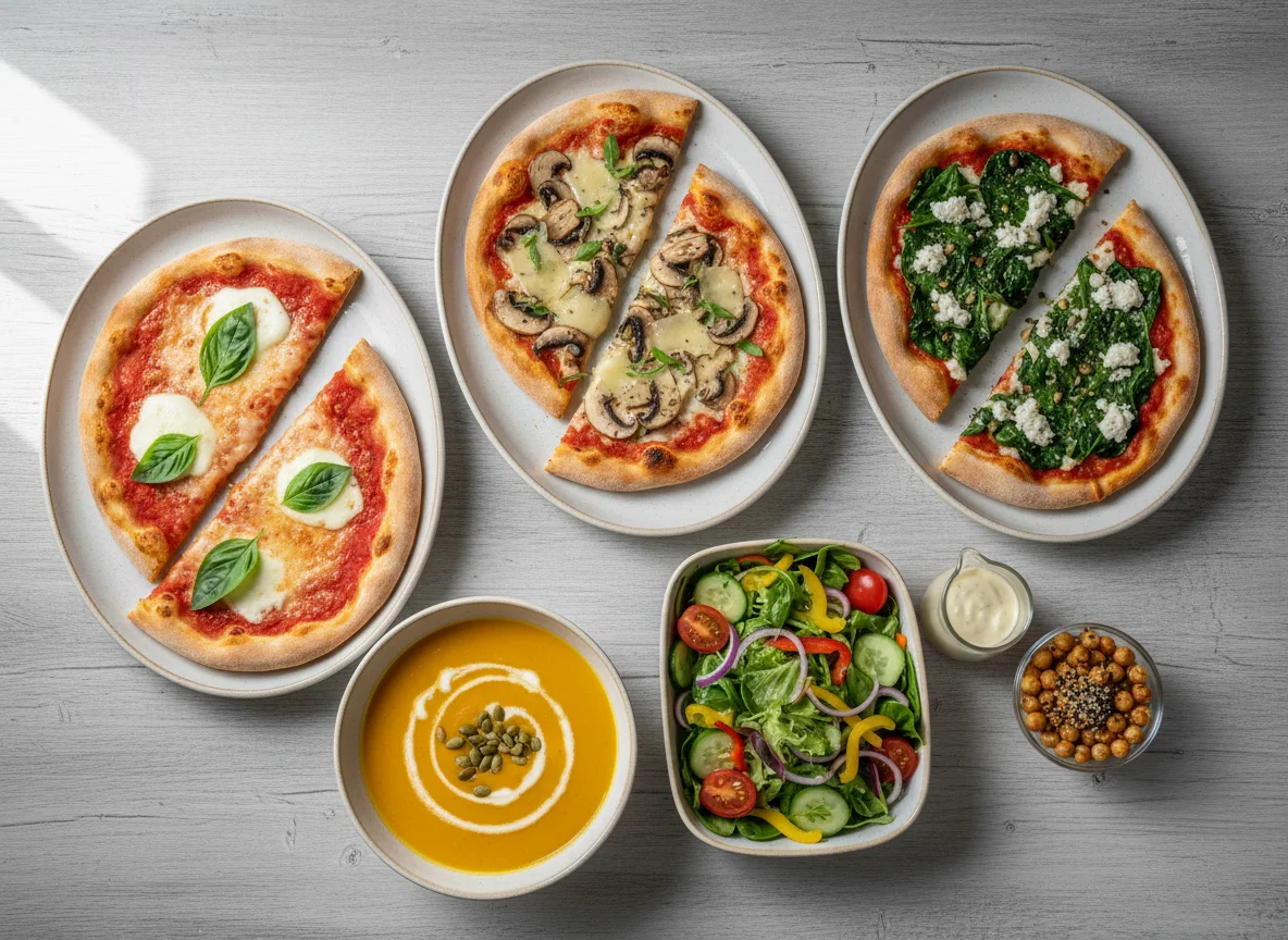 Mittagsmenü mit Pizza, Salat und Suppe photo