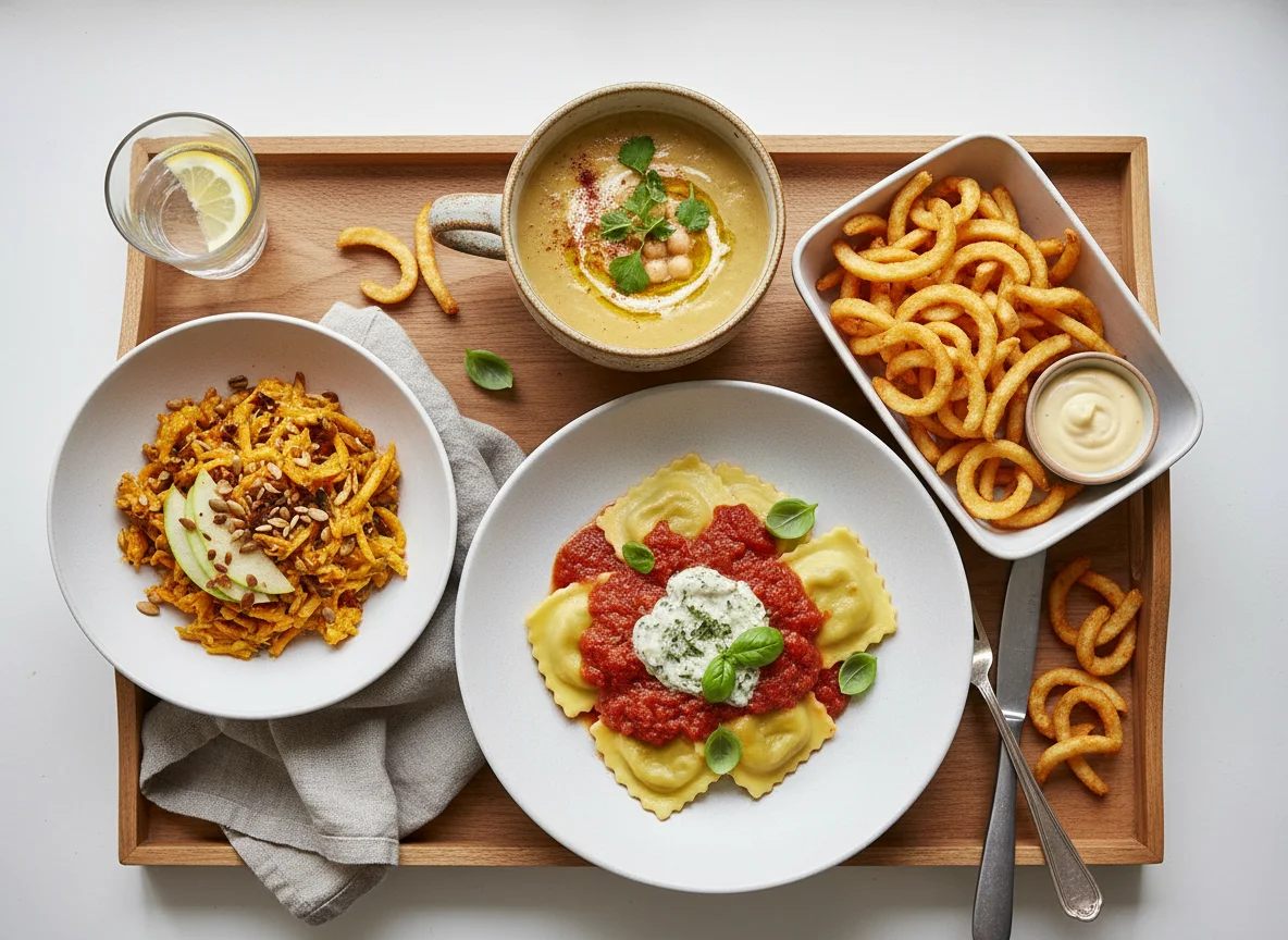 Mittagsmenü mit Ravioli, Salat, Kichererbsensuppe und Pommes photo