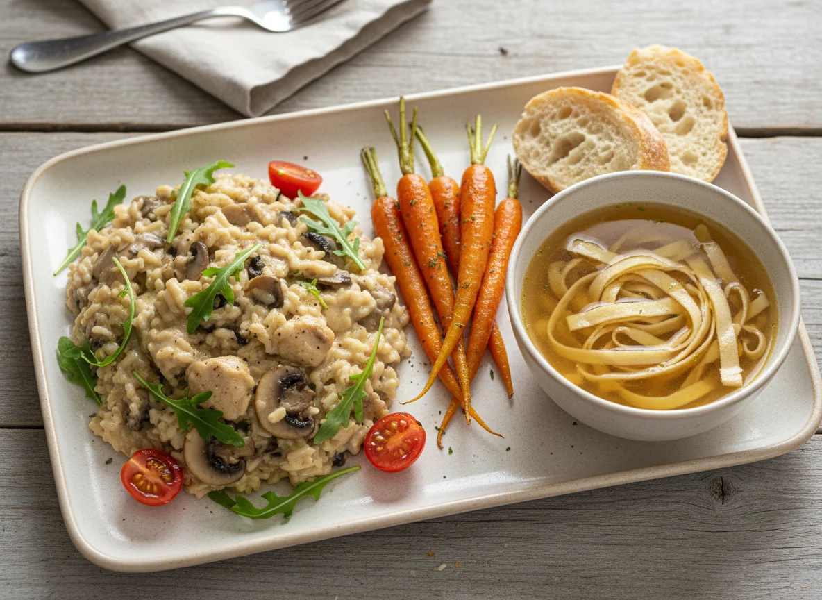 Mittagsmenü mit Risotto, Karotten und Frittatensuppe photo