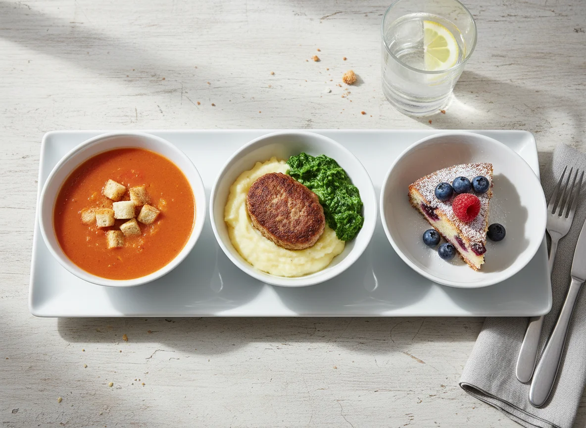 Mittagsmenü mit Suppe, Hauptspeise und Dessert photo