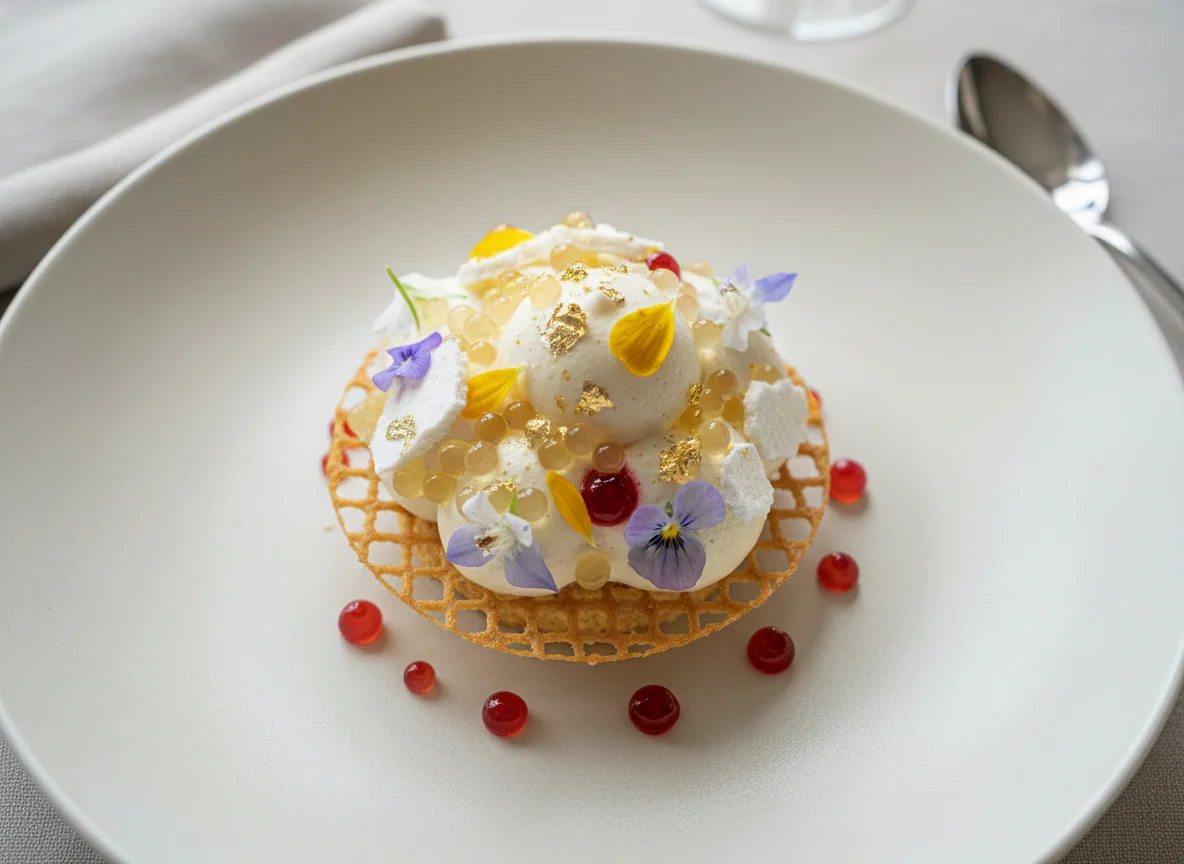 Modernes Dessert mit Schaum, Perlen und essbaren Blüten photo