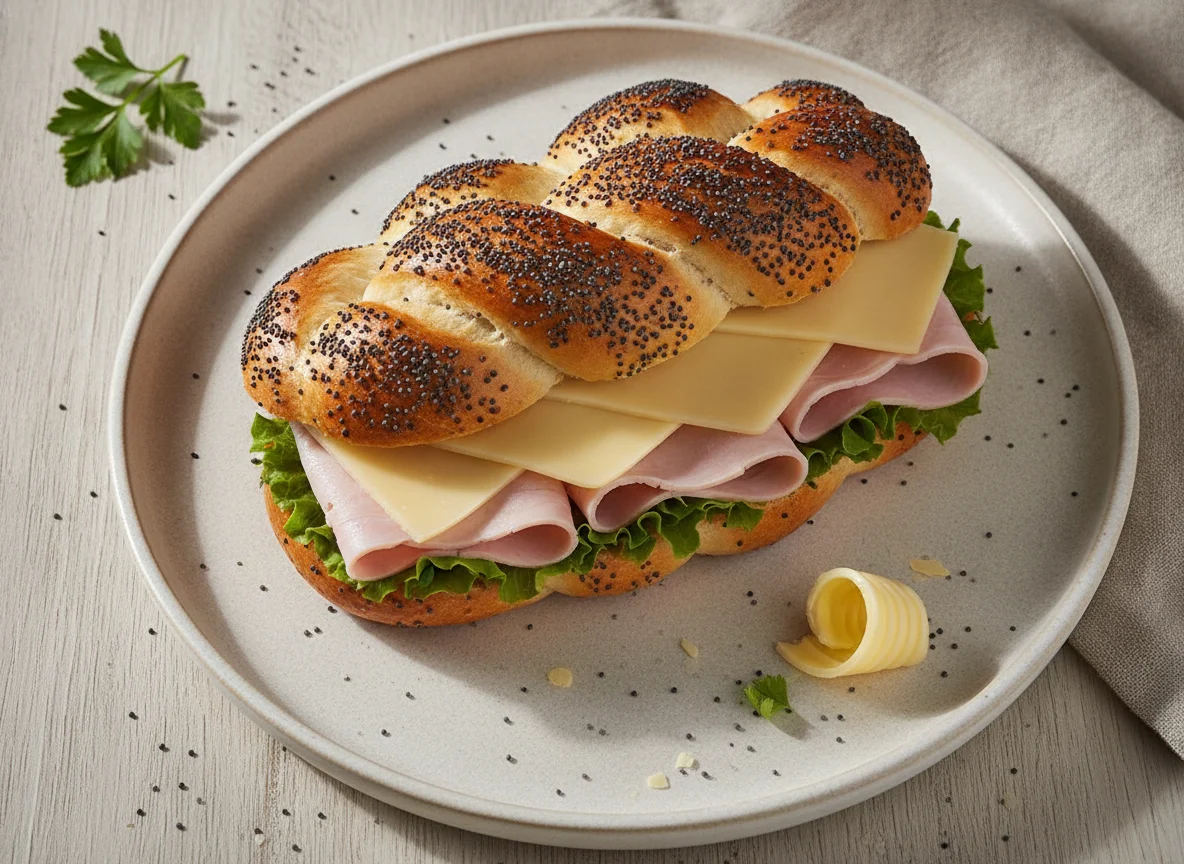 Mohnflesserl mit Schinken und Käse photo