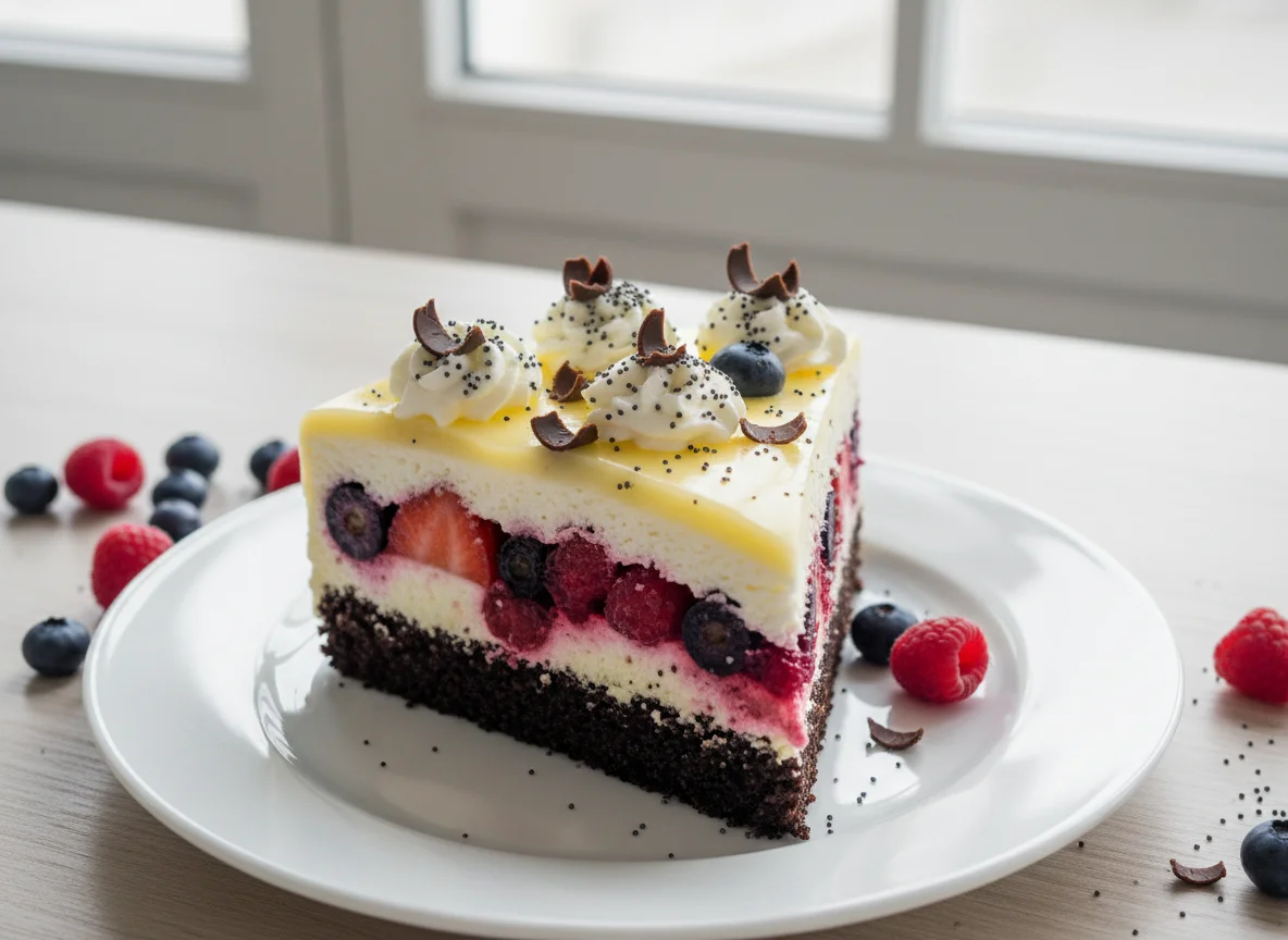 Mohn-Sahne-Kuchen mit Zitronenguss photo