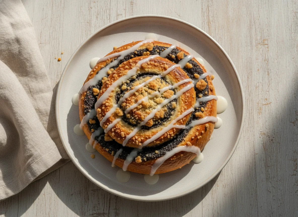 Mohnschnecke mit Streuseln und Glasur photo