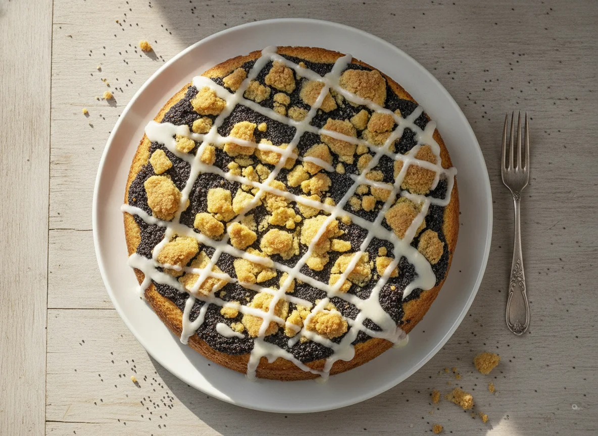 Mohn-Streuselkuchen mit Zuckerguss photo