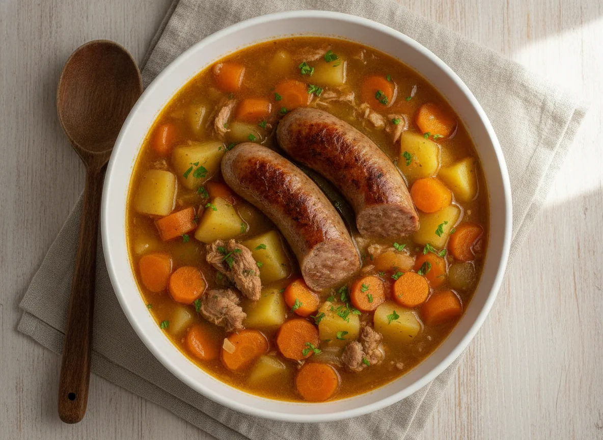 Möhreneintopf mit Bratwurst photo