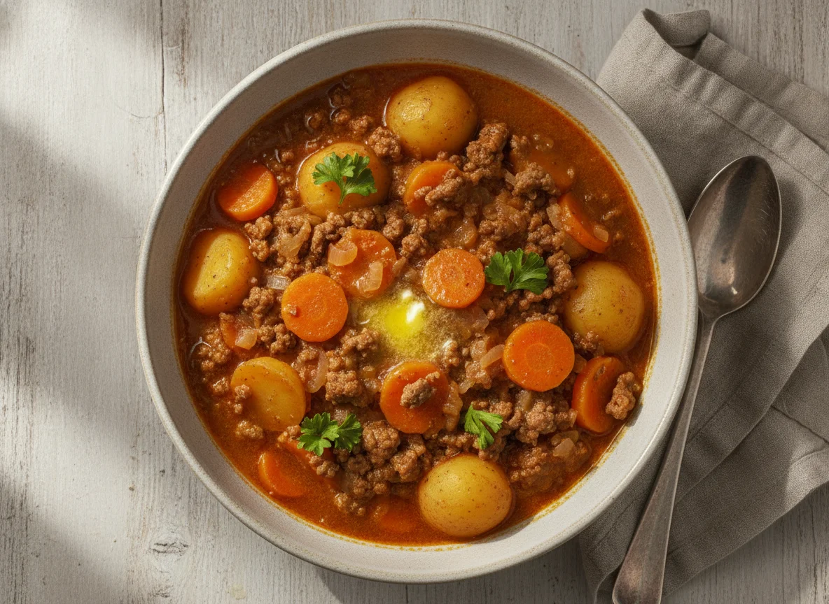 Möhreneintopf mit Kartoffeln und Hackfleisch photo
