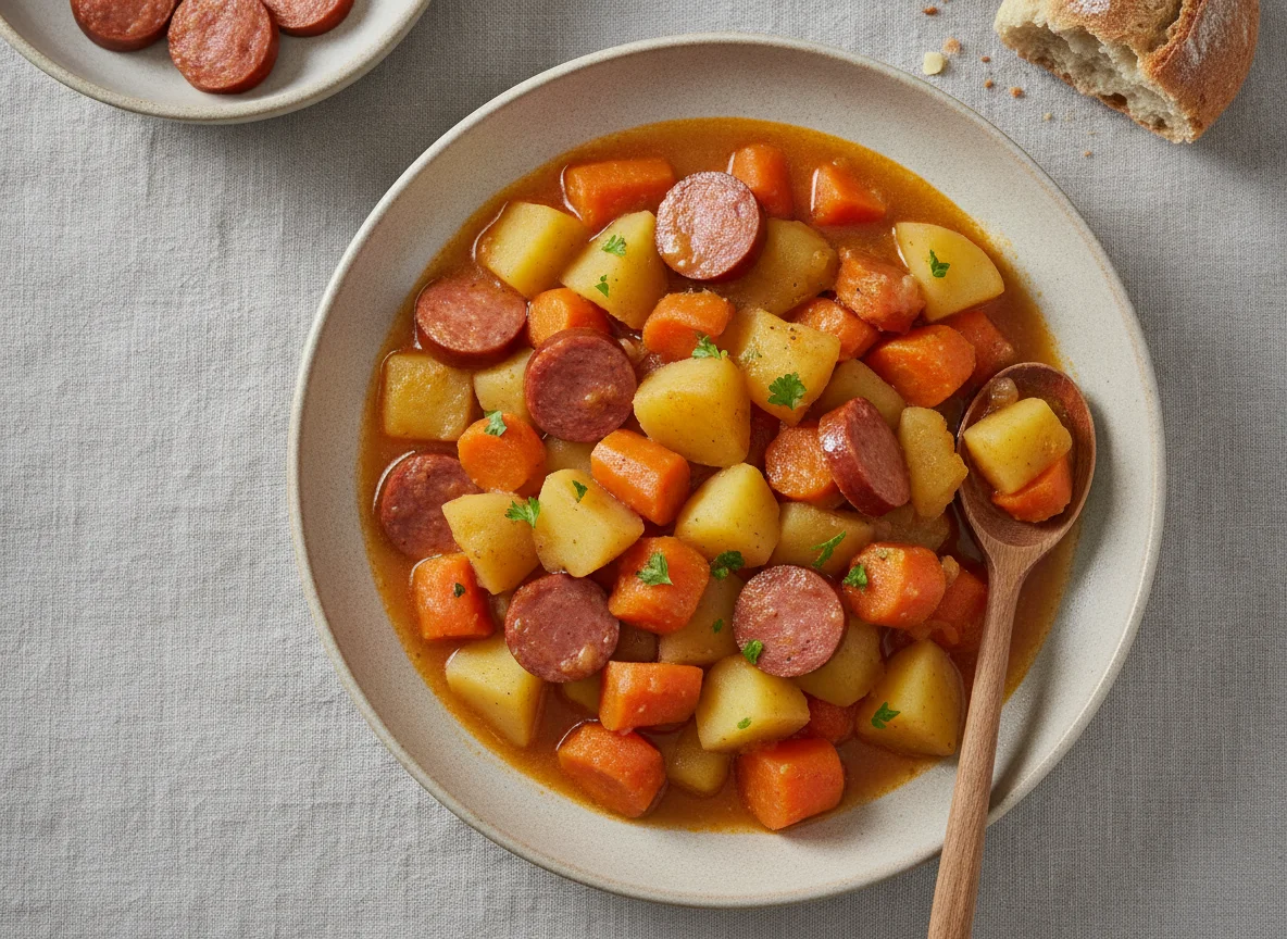 Möhreneintopf mit Kartoffeln und Mettwurst photo