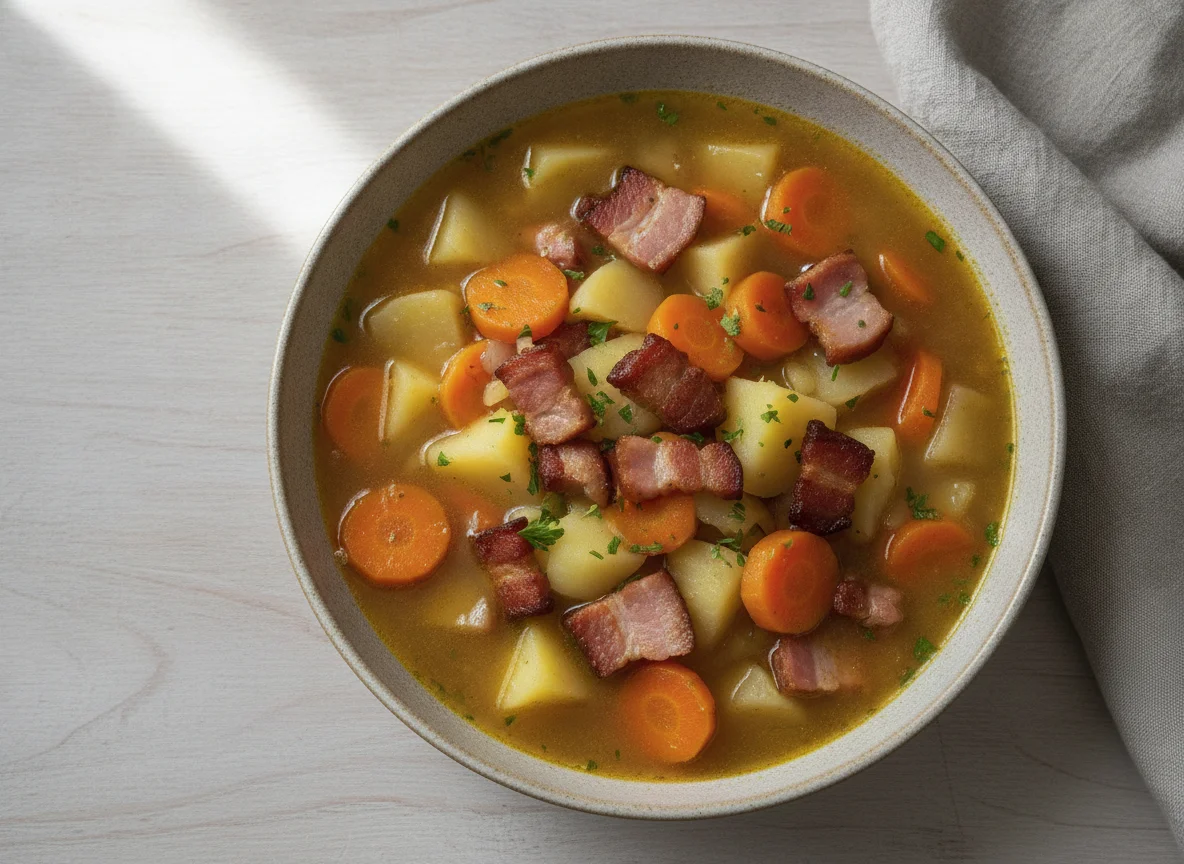 Möhreneintopf mit Kartoffeln und Speck photo