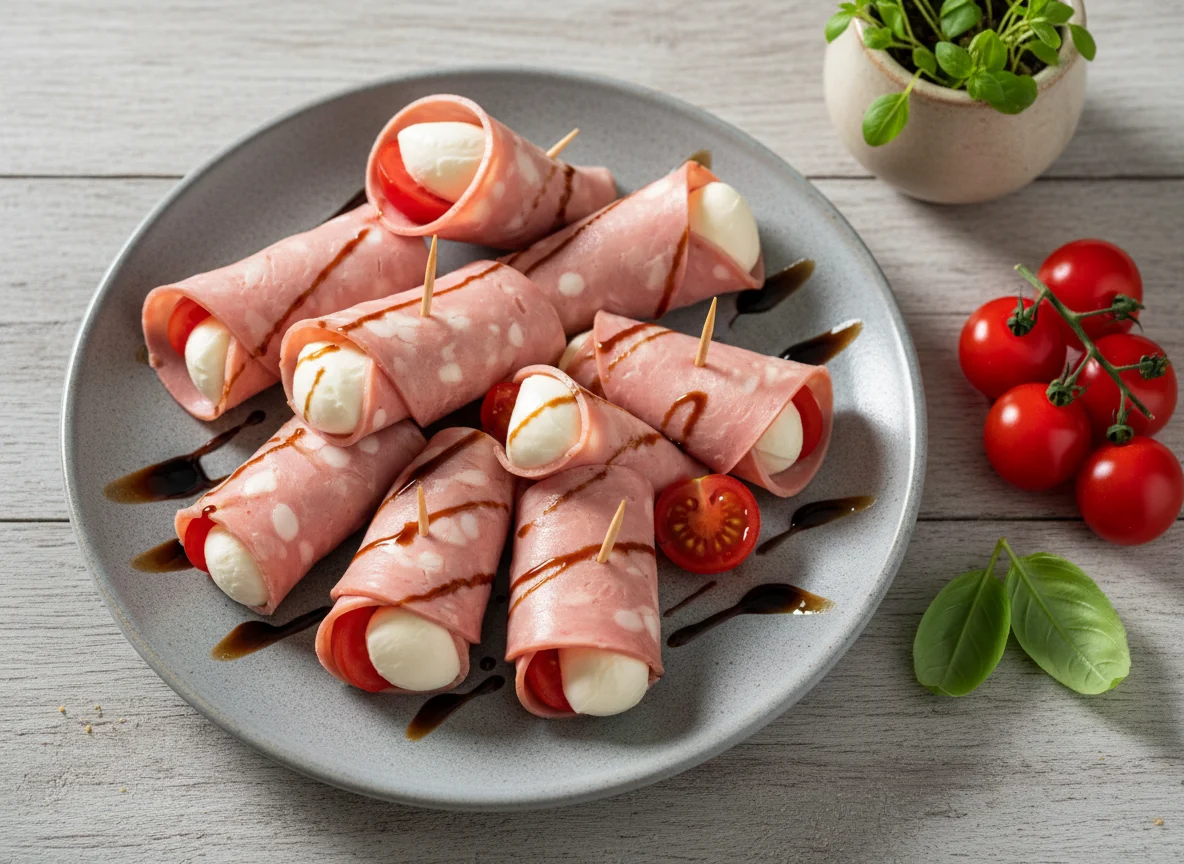 Mortadella-Röllchen mit Mozzarella und Tomaten photo