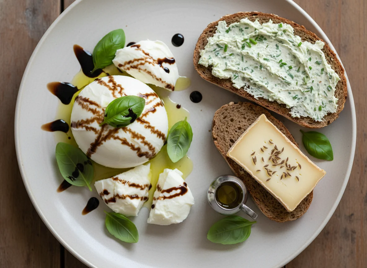 Mozzarella mit Balsamico und Brot mit Käse photo