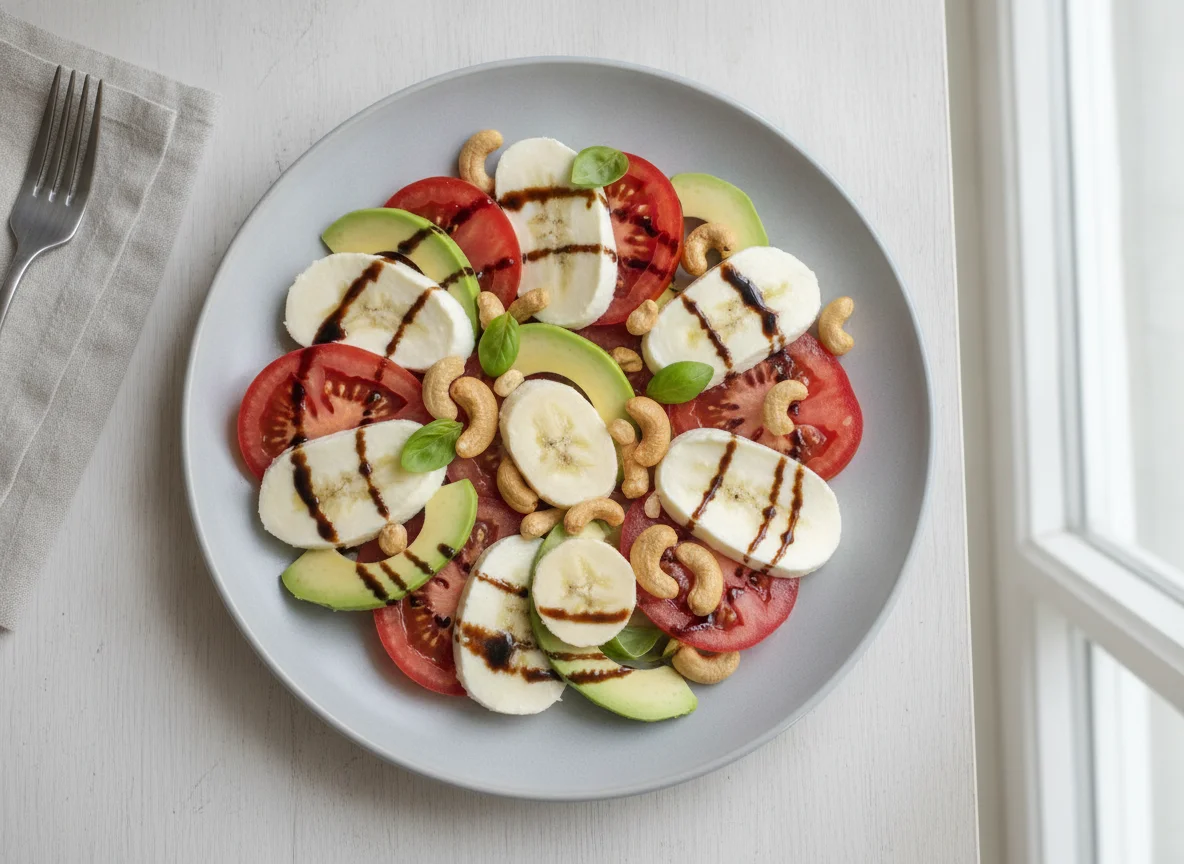 Mozzarella-Tomaten-Salat mit Avocado, Cashews und Banane photo