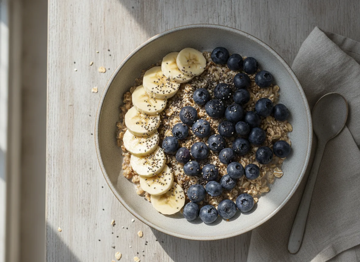 Müesli mit Bananen, Heidelbeeren und Chiasamen photo