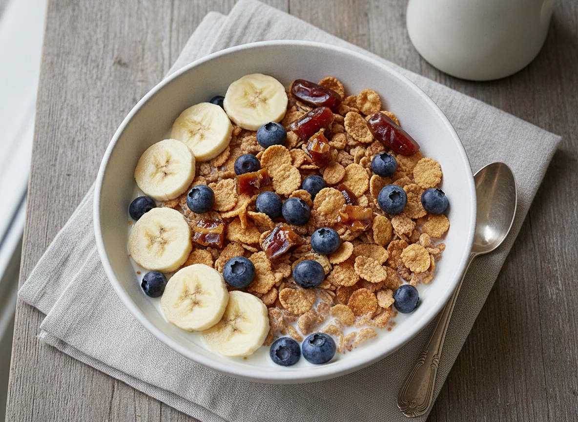 Müesli mit Bananen, Heidelbeeren und Datteln photo