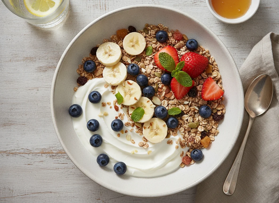 Müesli mit Bananen, Heidelbeeren und Joghurt photo