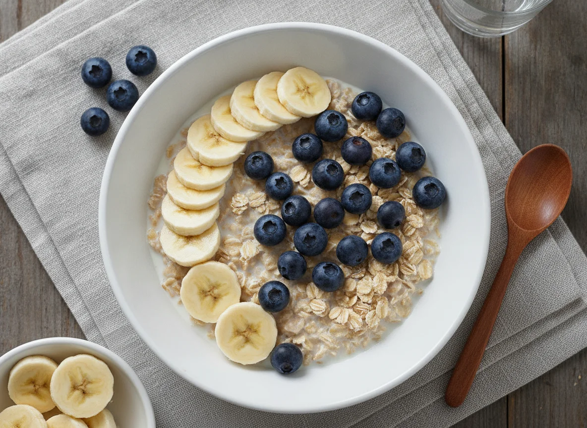 Müesli mit Bananen, Heidelbeeren und Magermilch photo
