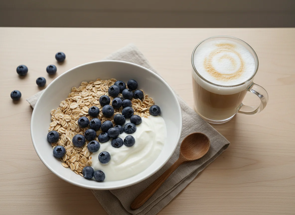 Müesli mit Blaubeeren und Milchkaffee photo