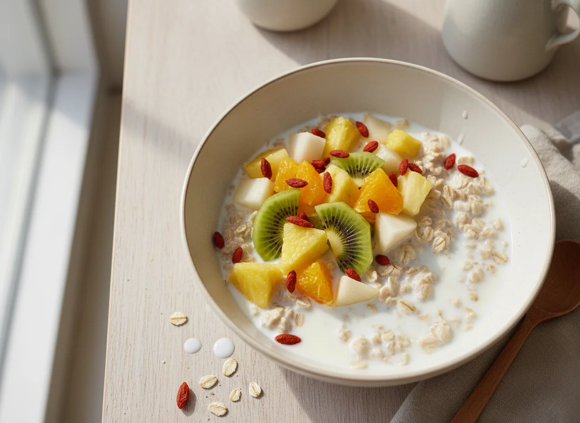 Müesli mit Früchten und Milch photo