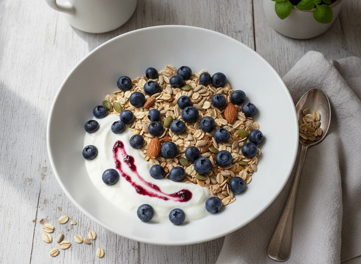 Müesli mit Heidelbeeren und Joghurt photo