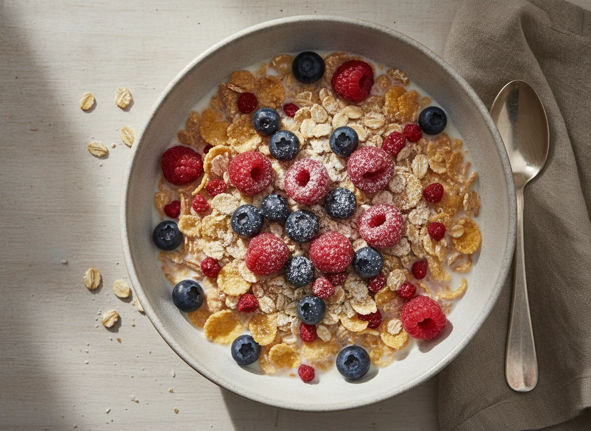 Müesli mit Milch und Beeren photo