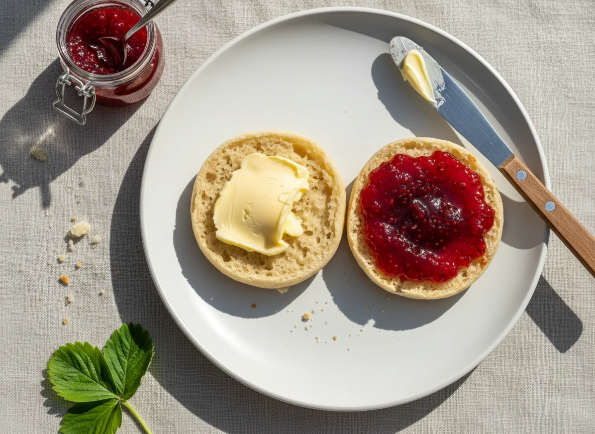 Muffin mit Butter und Marmelade photo