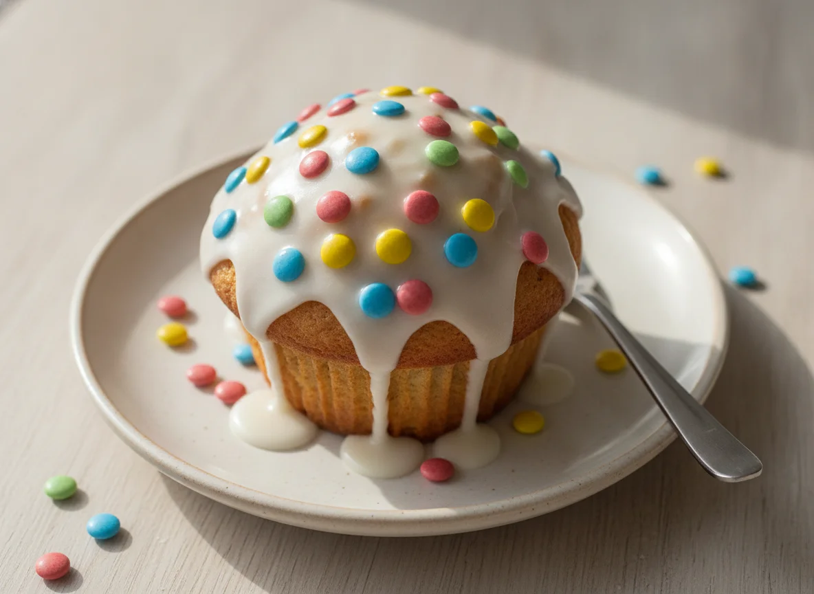 Muffin mit Zuckerguss und Schokolinsen photo