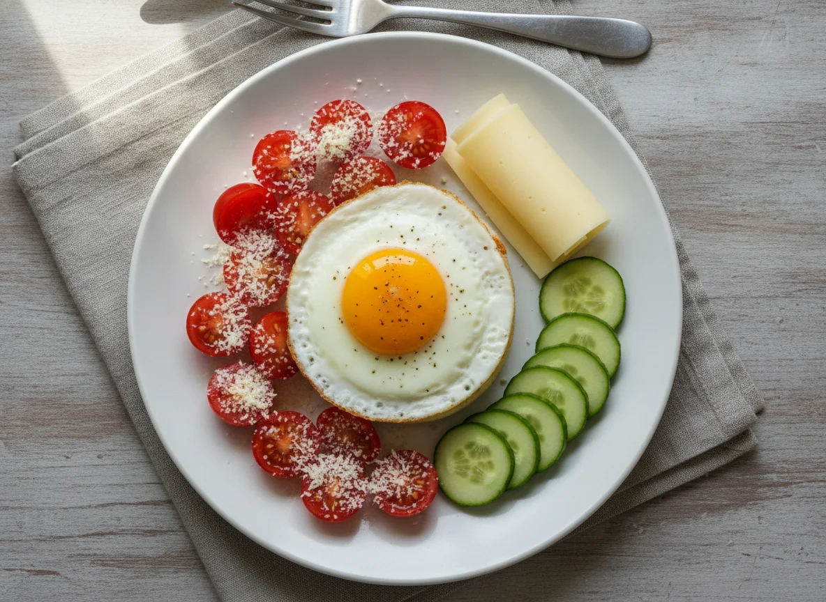 Muffin-Frühstück mit Ei, Tomaten und Käse photo