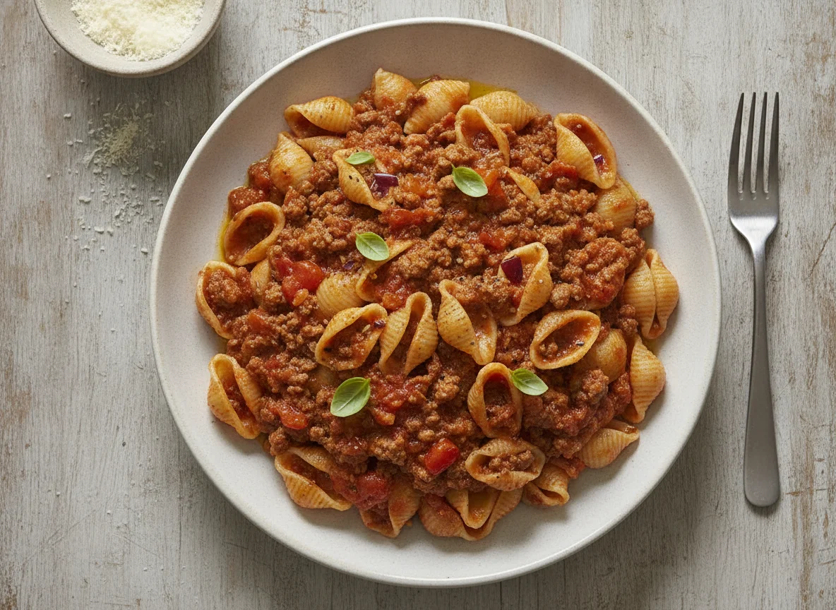 Muschelnudeln mit Bolognese-Sauce photo