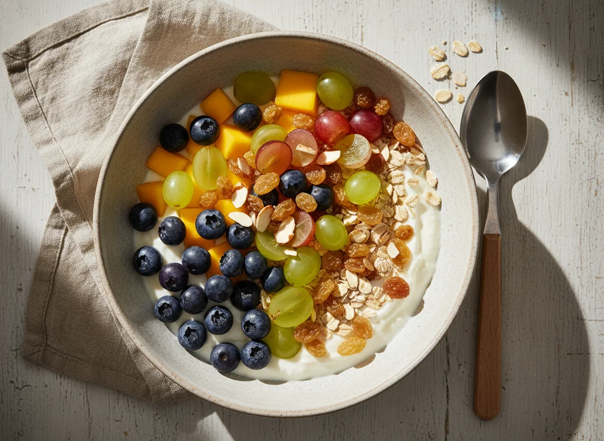 Müsli mit Alpro Skyr Alternative und Früchten photo