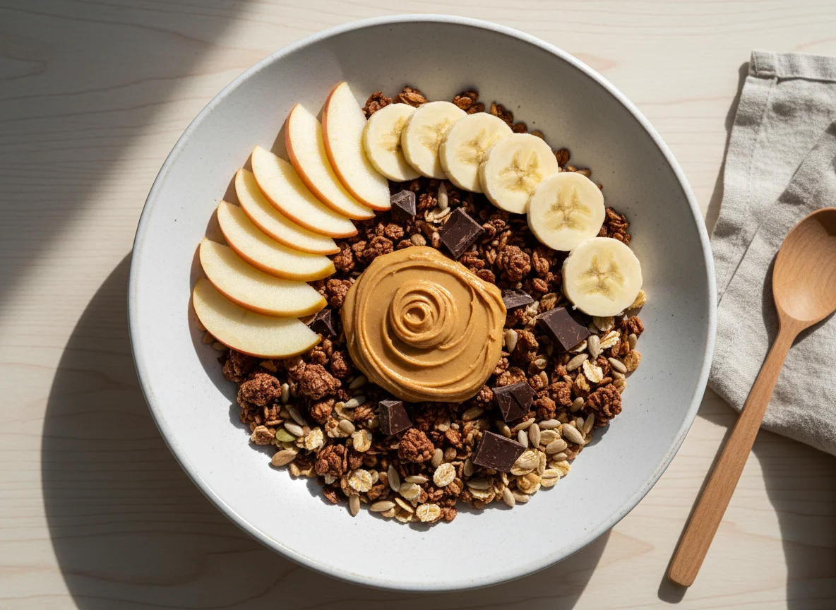 Müsli mit Apfel, Banane, Schokolade und Erdnussmus photo