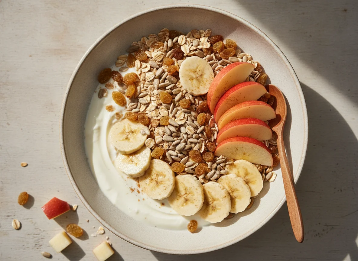 Müsli mit Apfel, Banane und Joghurt photo