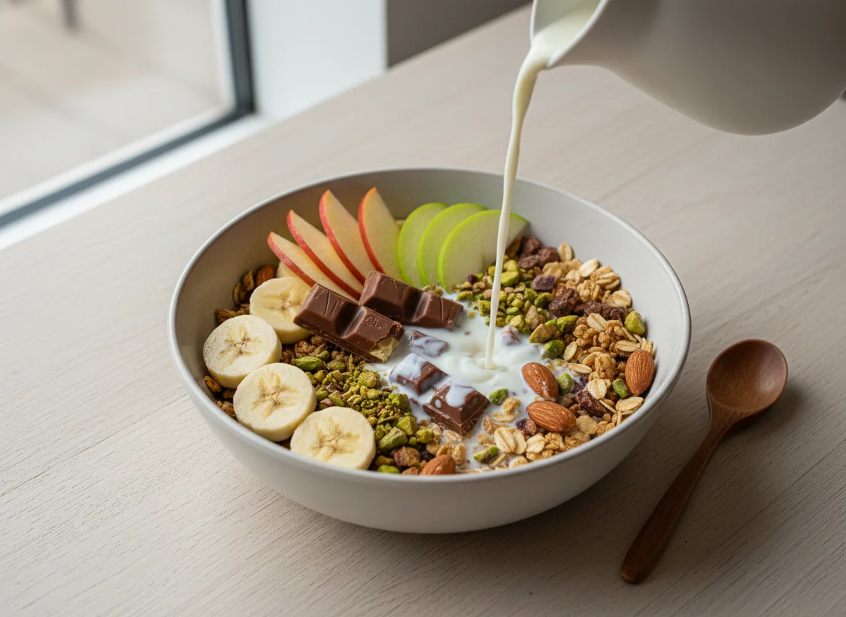 Müsli mit Apfel, Haferflocken, Nüssen, Bueno, Banane und Milch photo